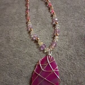 Pink and Silver Wire Wrapped Pendant Necklace